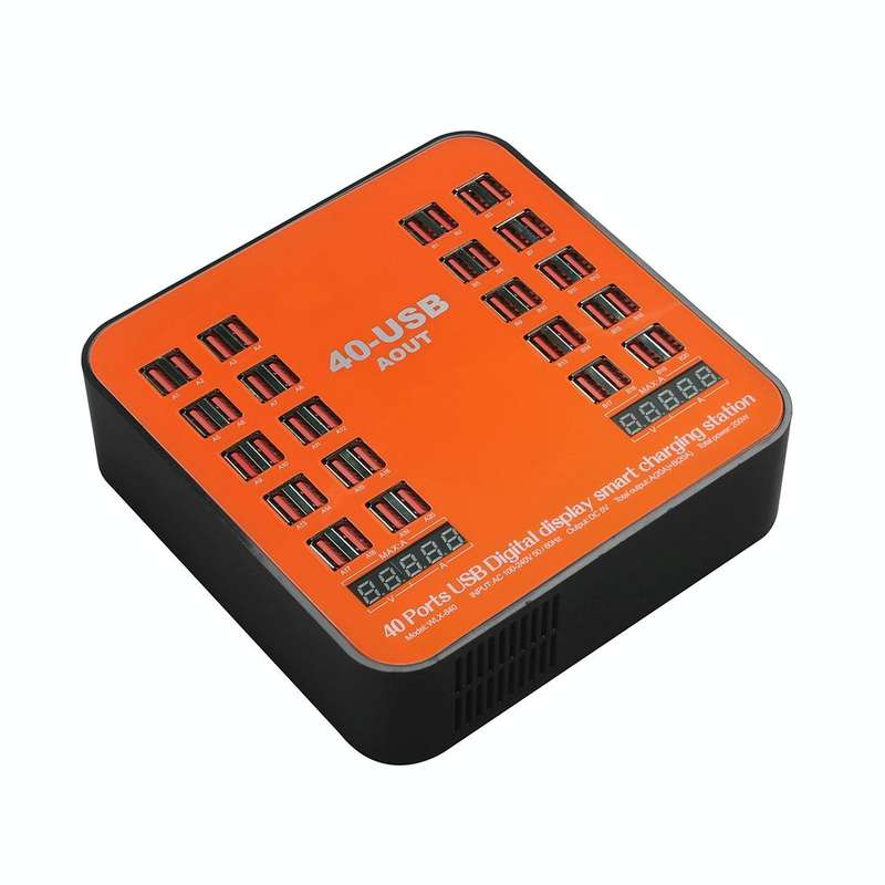WLX-840 200W 40 Ports USB Digital Display Smart Charging Station AC100-240V, EU Plug (Black+Orange)