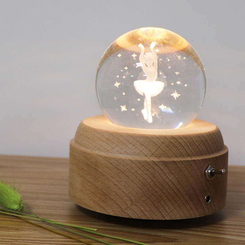 Girl Bedside Lamp Crystal Ball Wooden Base Music Box Charging Glow Rotating Night Light, Random M...