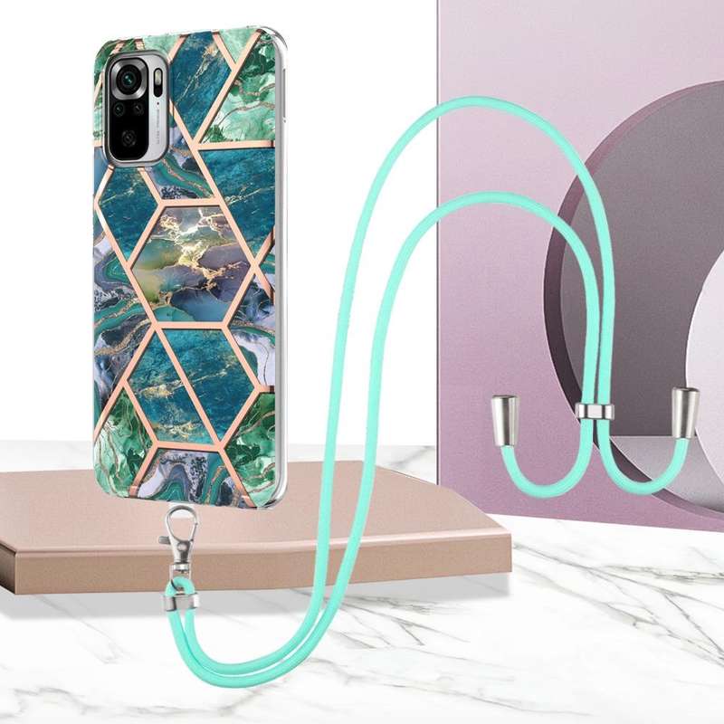 For Xiaomi Redmi Note 10s/Note 10 4G Electroplating Splicing Marble TPU Phone Case with Lanyard(B...