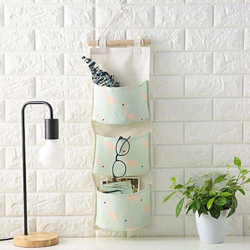 Cotton Linen Hanging Storage Bag 3 Pockets Wall Mounted Wardrobe Hang Bag Wall Pouch Cosmetic Toy...