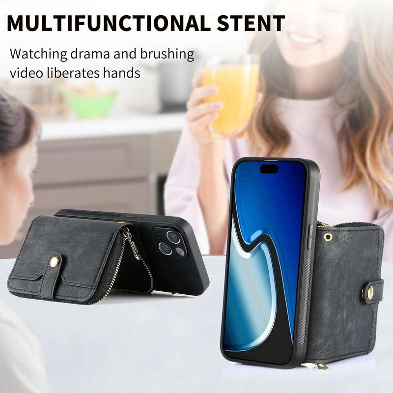 For iPhone 15 Crossbody Multi-function Zipper Wallet Phone Case(Black)