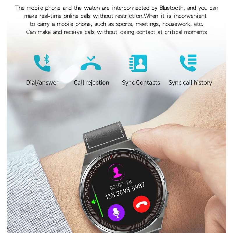 MD3MAX Porsche Ver 1.39 inch Round Screen Leather Strap Smart Watch Supports Heart Rate Monitorin...