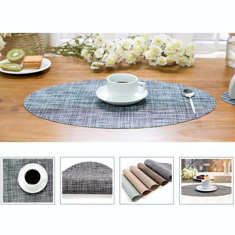 PVC Oval Shape Dining Table Mat Heat Insulation Non-Slip Placemats Disc Bowl Tableware Pads(Linen)