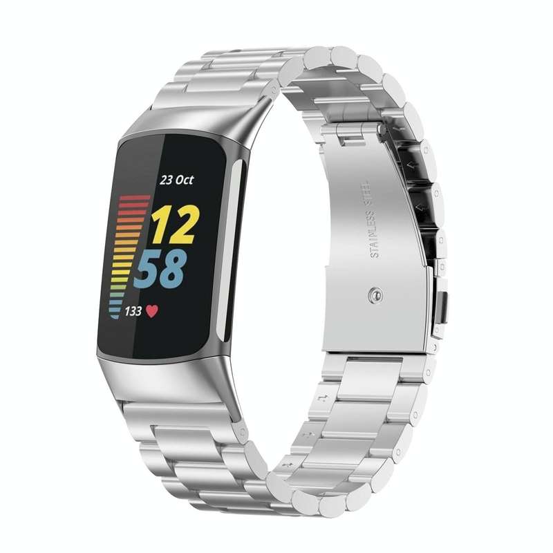 For Fitbit Charge 5 Three-bead Stainless Steel Watch Band(Silver)