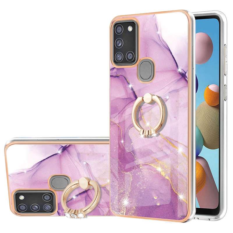 For Samsung Galaxy A21s Electroplating Marble Pattern IMD TPU Shockproof Case with Ring Holder(Pu...