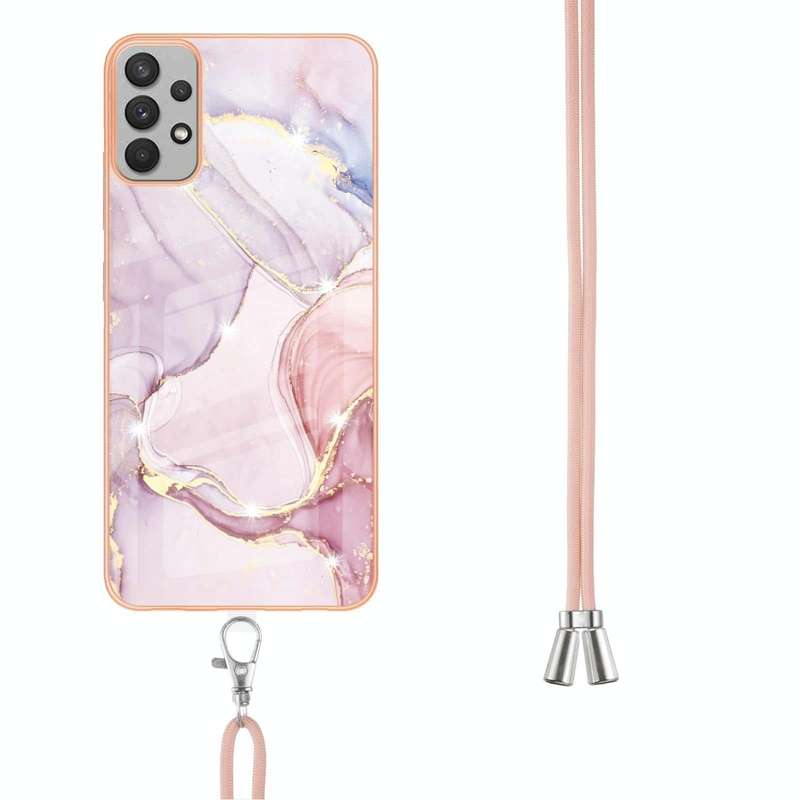 For Samsung Galaxy A73 5G Electroplating Marble IMD TPU Phone Case with Lanyard(Rose Gold 005)
