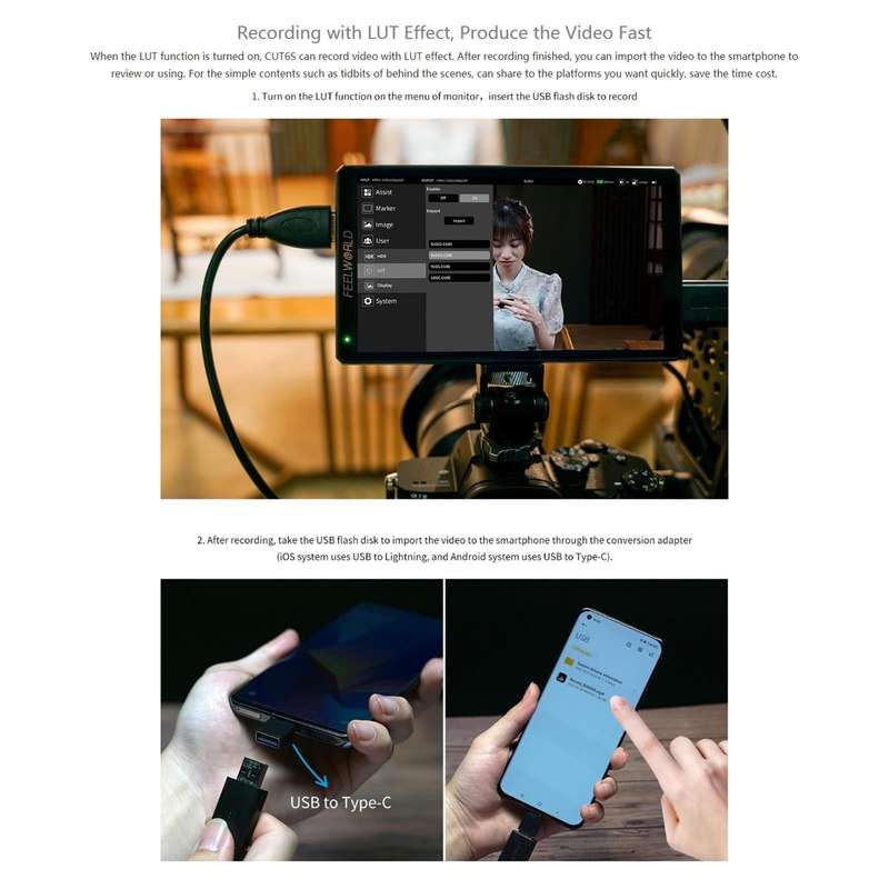FEELWORLD CUT6S 6-inch Touch Screen Monitor Recorder FHD IPS 4K HDMI 3G-SDI Camera Field Monitor ...