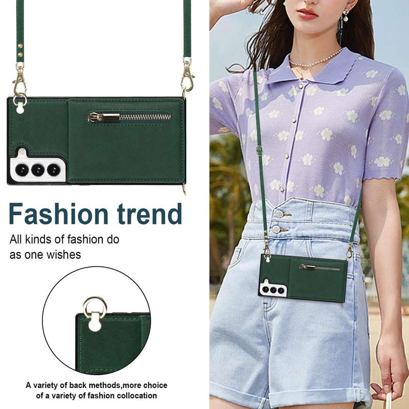 For Samsung Galaxy S21 FE 5G Cross-body Square Zipper Card Holder Bag Phone Case(Green)