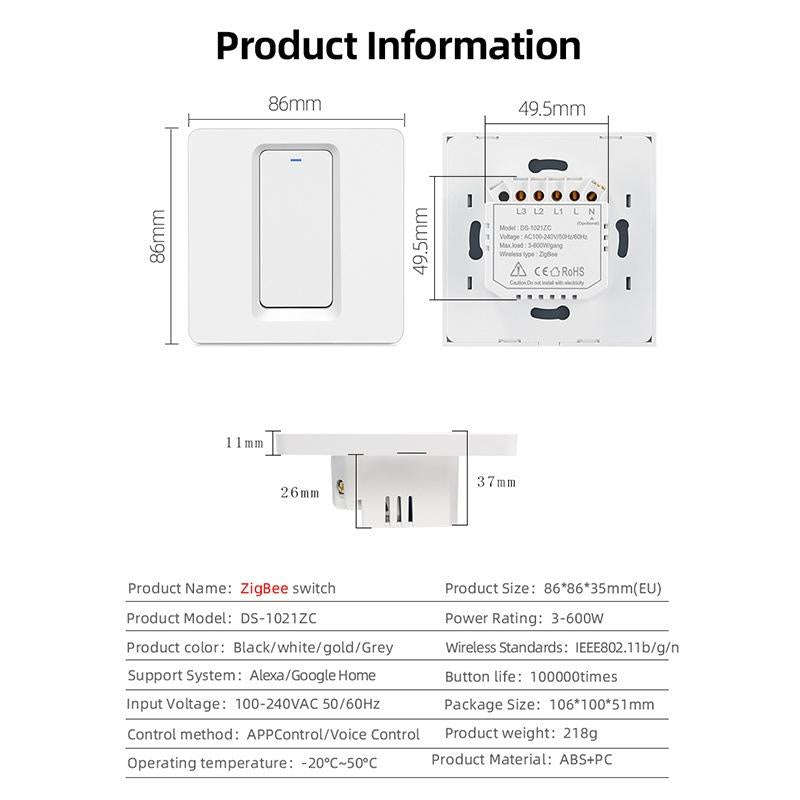 Tuya ZigBee Smart Single-fire Zero-fire Sharing Switch Phone Control Voice Panel EU Plug, Spec: 3...