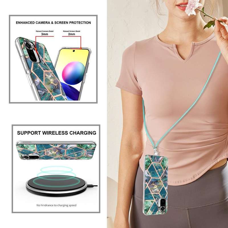 For Xiaomi Redmi Note 10s/Note 10 4G Electroplating Splicing Marble TPU Phone Case with Lanyard(B...