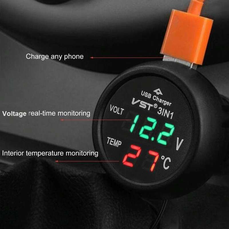 3 In 1 Car USB Charger Car Cigarette Lighter With Voltage Detection Display Multi-function Monito...
