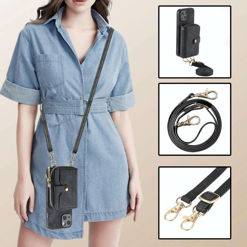 For iPhone 15 Crossbody Multi-function Zipper Wallet Phone Case(Black)