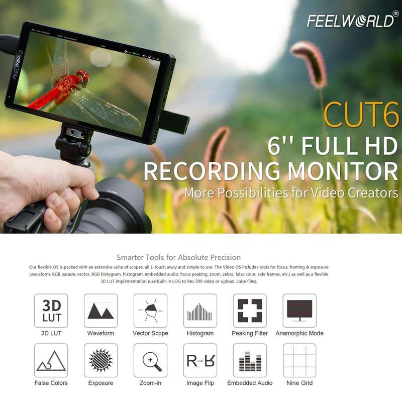 FEELWORLD CUT6 6-inch Touch Screen Monitor Recorder FHD IPS 4K HDMI Camera Field Monitor (Black)