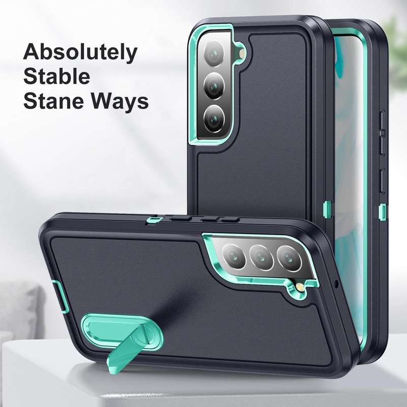 For Samsung Galaxy S22 5G 3 in 1 Rugged Holder Phone Case(Dark Blue+Light Blue)
