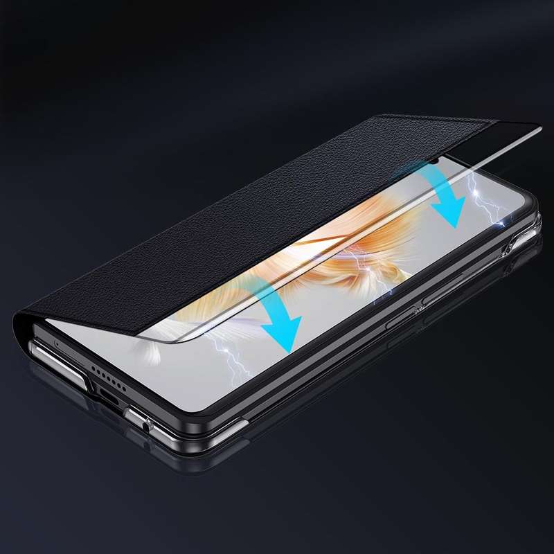 For Huawei Mate X3 Plain Magnetic Phone Case with Smart View Window & Holder(Black)