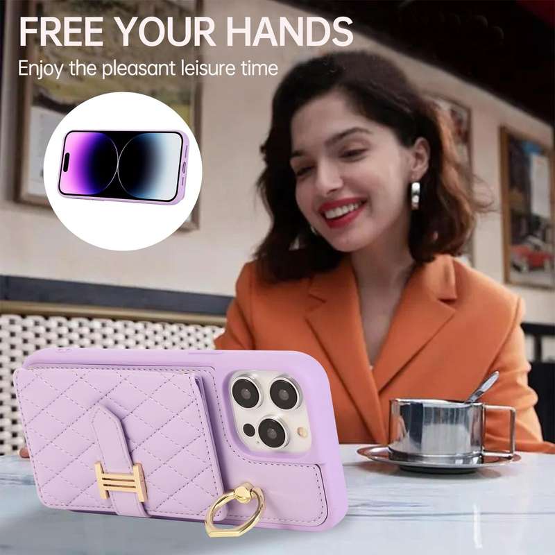 For iPhone 14 Pro Max Horizontal Card Bag Ring Holder Phone Case with Dual Lanyard(Purple)