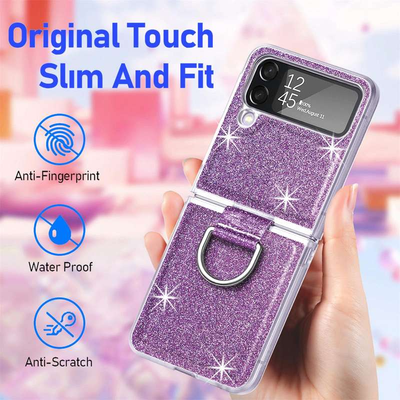 For Samsung Galaxy Z Flip4 Glitter Leather Skin PC Phone Case with Ring(Purple)