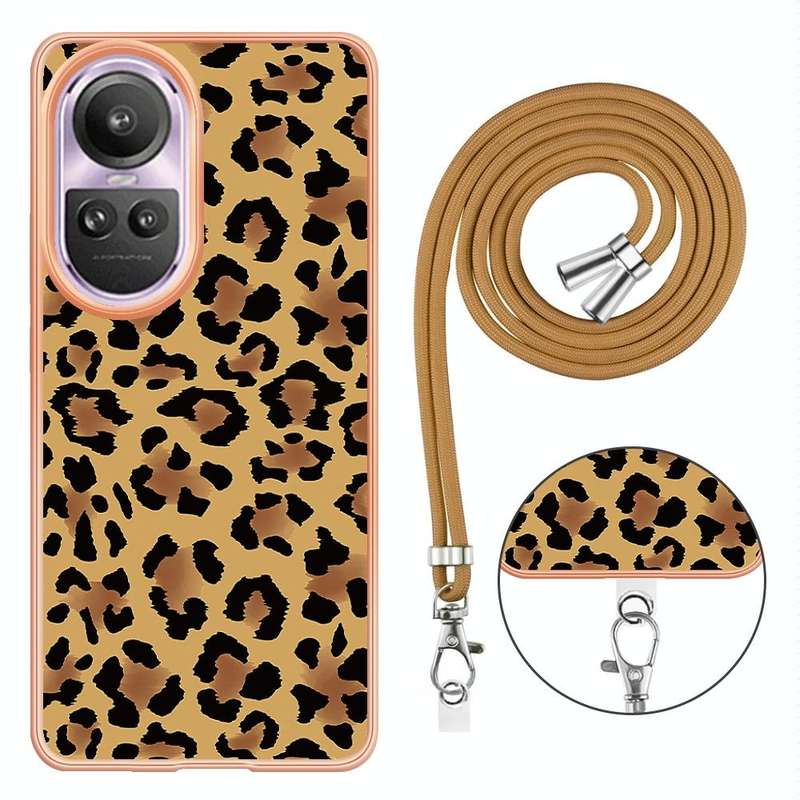For OPPO Reno10 Pro 5G Global Electroplating Dual-side IMD Phone Case with Lanyard(Leopard Print)