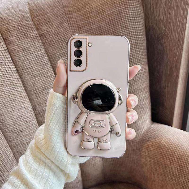 For Samsung Galaxy S22 5G Plating Astronaut Holder Phone Case(Pink)