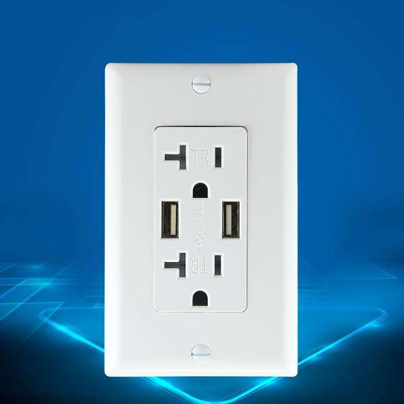 PC Double-connection Power Socket Switch with USB, US Plug, Square White UL 15A Leakage Protectio...