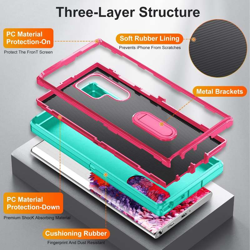 For Samsung Galaxy S22 Ultra 5G 3 in 1 Rugged Holder Phone Case(Blue+Pink)