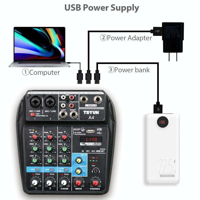 TEYUN A4 4-way Small Microphone Digital Mixer Live Recording Effector(US Plug)