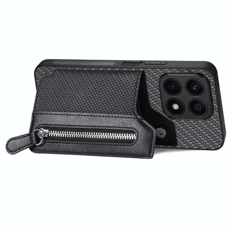 For Honor X8A Carbon Fiber Horizontal Flip Zipper Wallet Phone Case(Black)