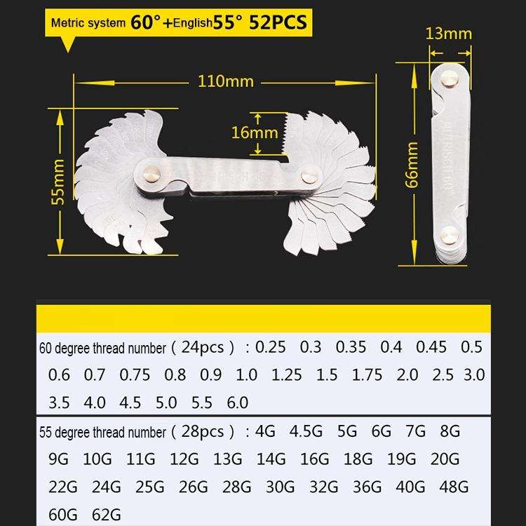 52 PCS Metric 60 Degrees +British 55 Degrees CR Stainless Steel Thread Gauge