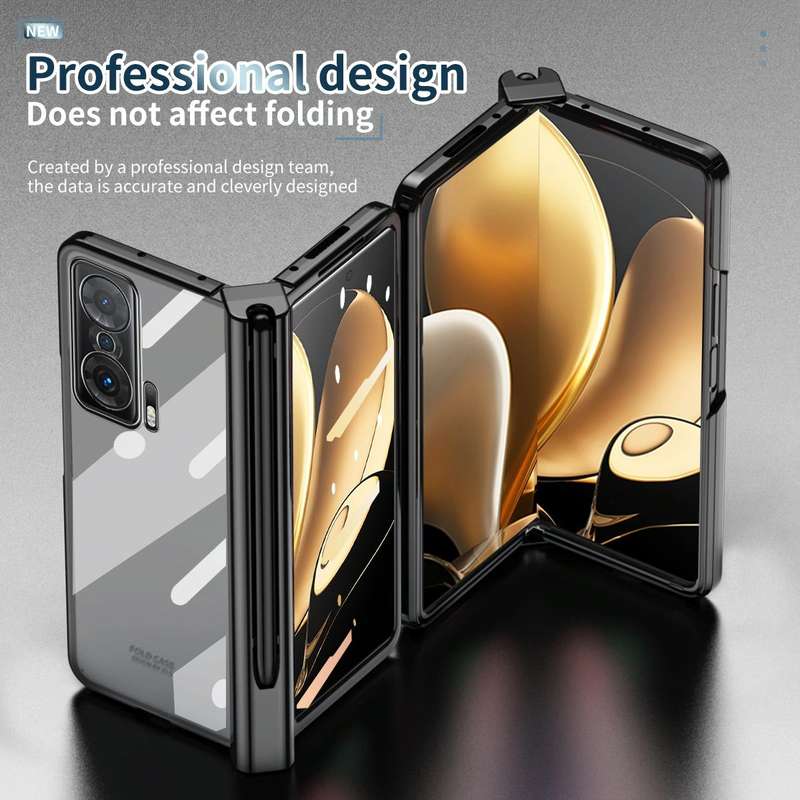 For Honor Magic V Full Body Electroplating Hinge Phone Case with Stylus(Black)