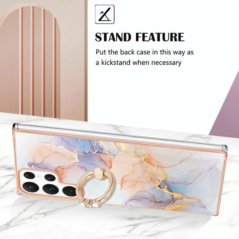 For Samsung Galaxy S22 Ultra 5G Electroplating IMD TPU Phone Case with Ring(White Marble)