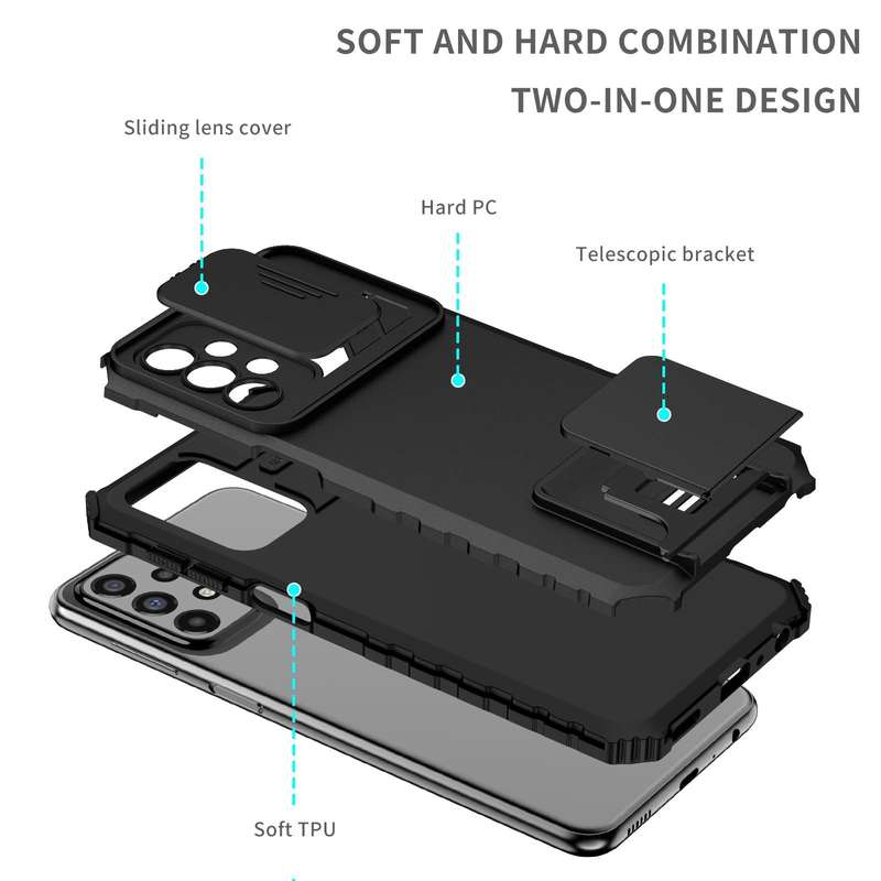 For Samsung Galaxy A23 4G Stereoscopic Holder Sliding Camshield Phone Case(Black)