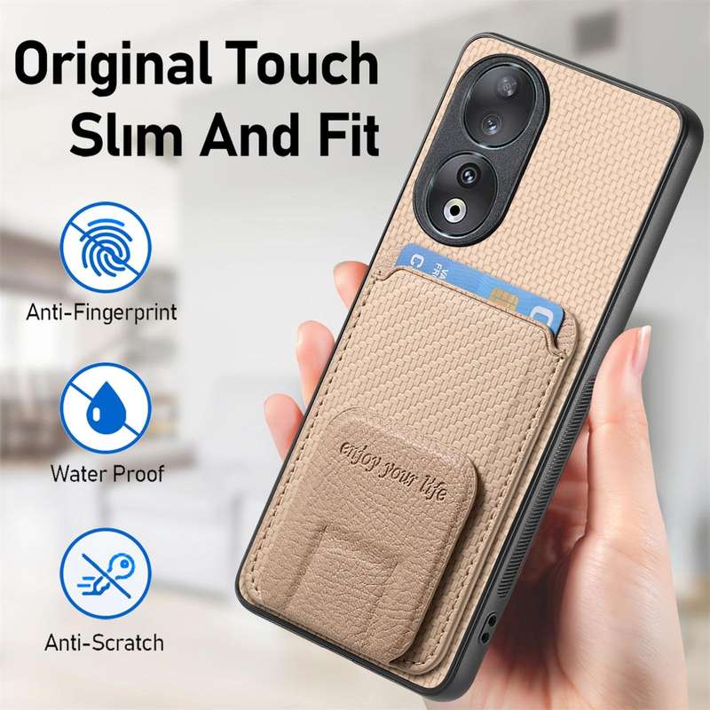 For Huawei Nova 10 SE 4G Carbon Fiber Card Bag Fold Stand Phone Case(Khaki)