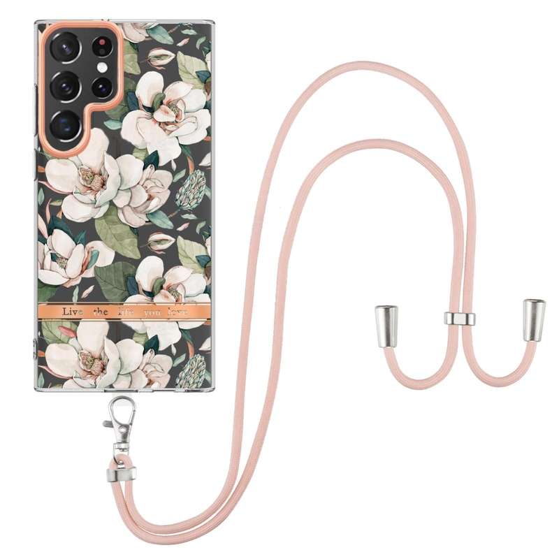 For Samsung Galaxy S22 Ultra 5G Flowers Series TPU Phone Case with Lanyard(Green Gardenia)
