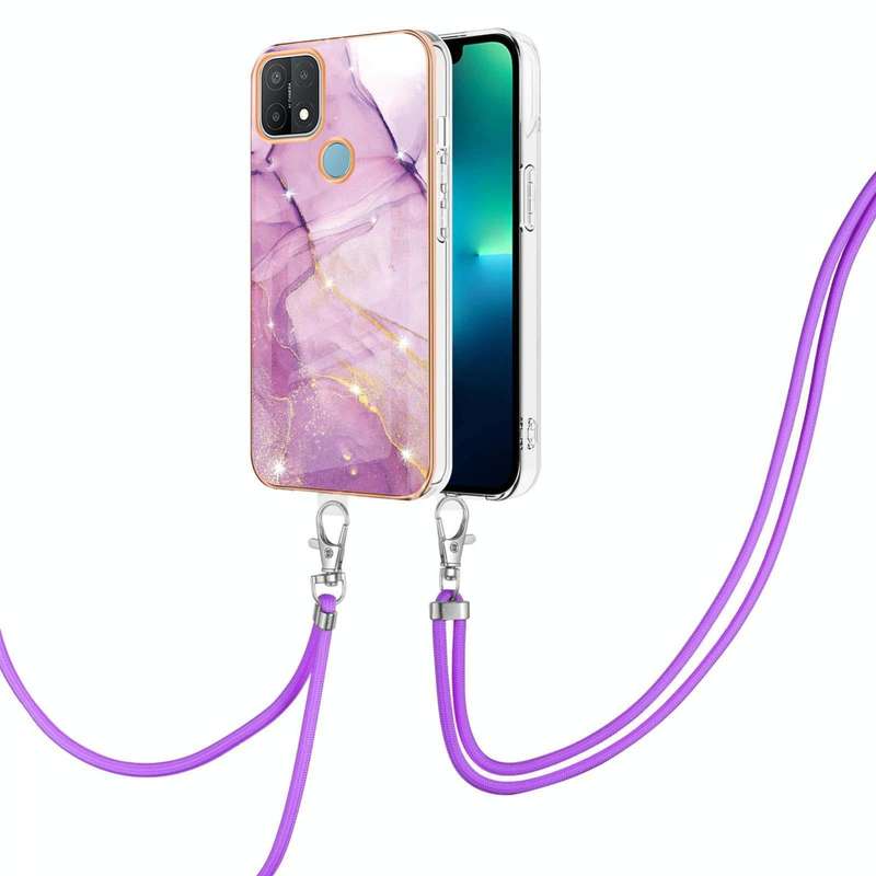 For OPPO A15 / A15s Electroplating Marble IMD TPU Phone Case with Lanyard(Purple 001)