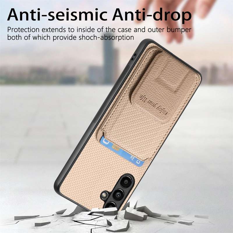 For Samsung Galaxy A73 5G Carbon Fiber Card Bag Fold Stand Phone Case(Khaki)