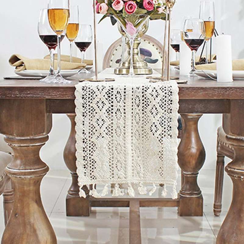 Tassel Lace Floral Romance Retro Crochet Hollow Cotton Blend Table Runner Covers, Size:24x160cm(Y...