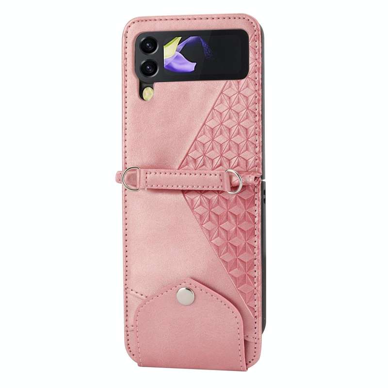 For Samsung Galaxy Z Flip4 Cubic Grid Calf Texture Leather Phone Case with Neck Lanyard(Brown)