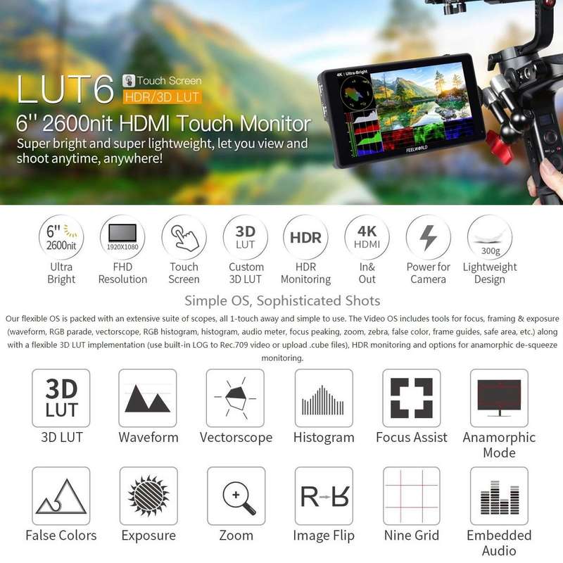 FEELWORLD LUT6 1920x1080 2600 nits 6 inch IPS Screen HDMI 4K Touch Control Camera Field Monitor