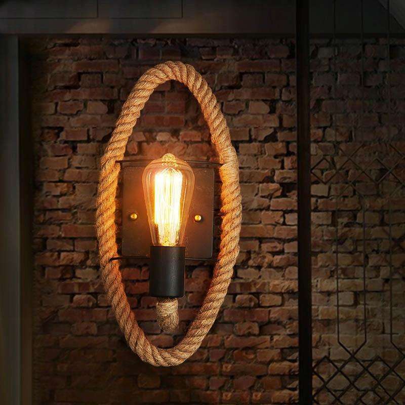 Vintage Hemp Rope Edison Light Bulb Wrought Iron Wall Lamp without Bulb(Oval)
