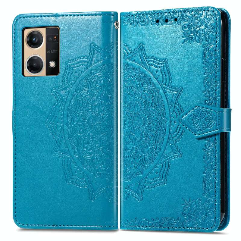 For OPPO Reno7 4G Mandala Flower Embossed Horizontal Flip Leather Phone Case(Blue)