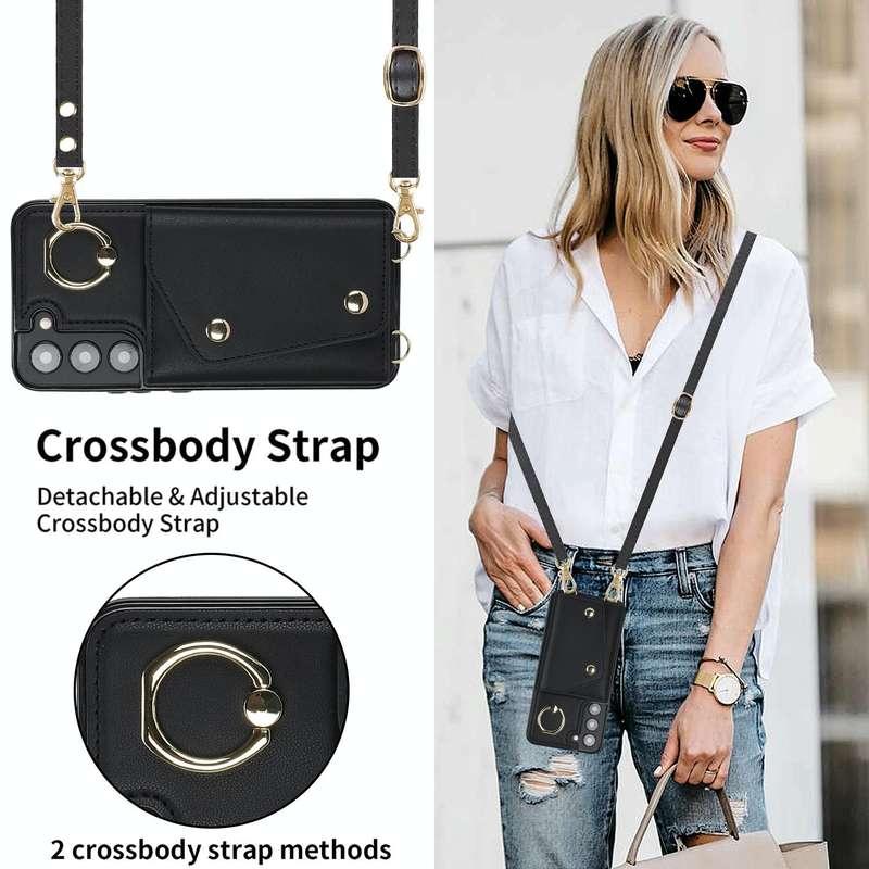 For Samsung Galaxy S22+ 5G Zipper Card Bag Phone Case with Dual Lanyard(Black)