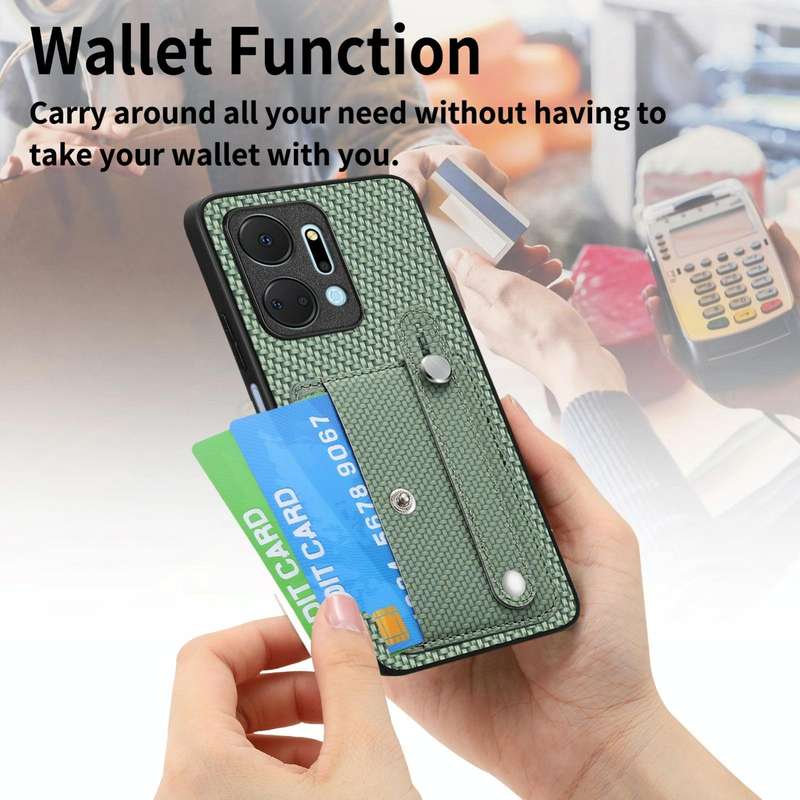 For Honor X7A Wristband Kickstand Card Wallet Back Cover Phone Case with Tool Knife(Green)