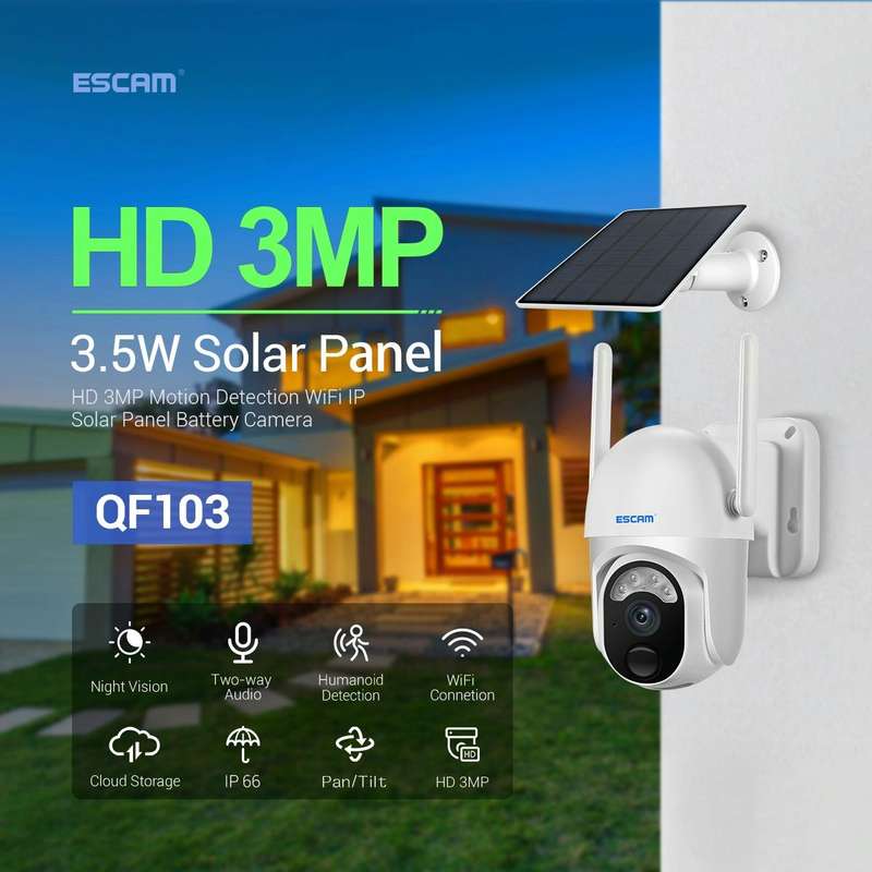 ESCAM QF103 3MP Cloud Storage PT WIFI PIR Alarm IP Camera with Solar Panel Battery Support Full C...