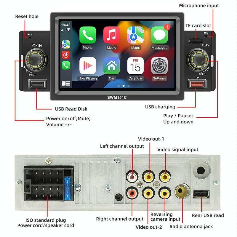 SWM151C 5 inch Portable Car MP5 Player Support CarPlay / Android Auto(Black)