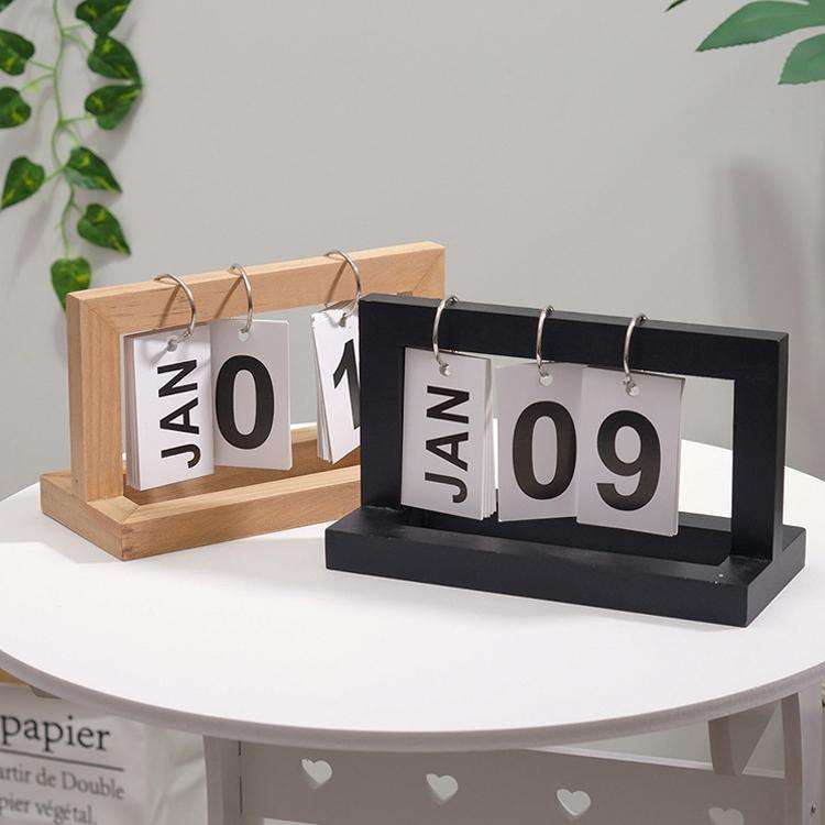 Wooden Flipping Calendar Simple Home Desktop Small Ornaments Study Desk Calendar(Black)
