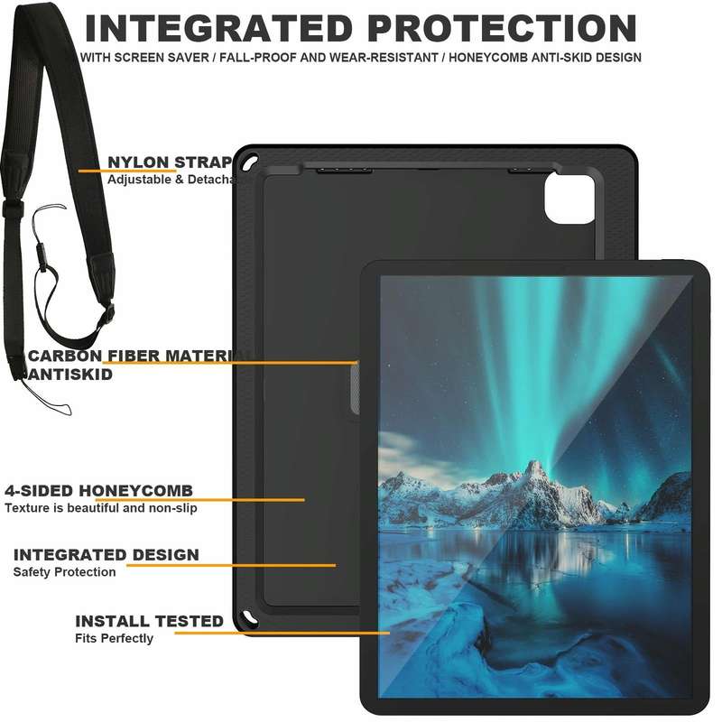 For iPad Pro 12.9 inch 2019 / 2021 / 2022 360 Rotation Stand EVA Hard PC Tablet Case with Strap(B...