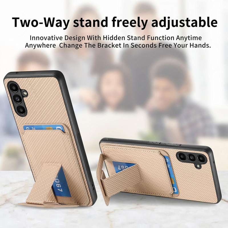 For Samsung Galaxy A73 5G Carbon Fiber Card Bag Fold Stand Phone Case(Khaki)