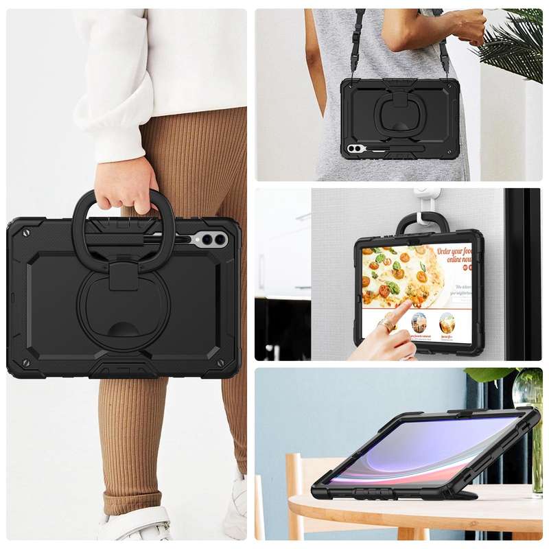 For Samsung Galaxy Tab S9+ D Type Silicone Hybrid PC Tablet Case with Handle Holder(Black)