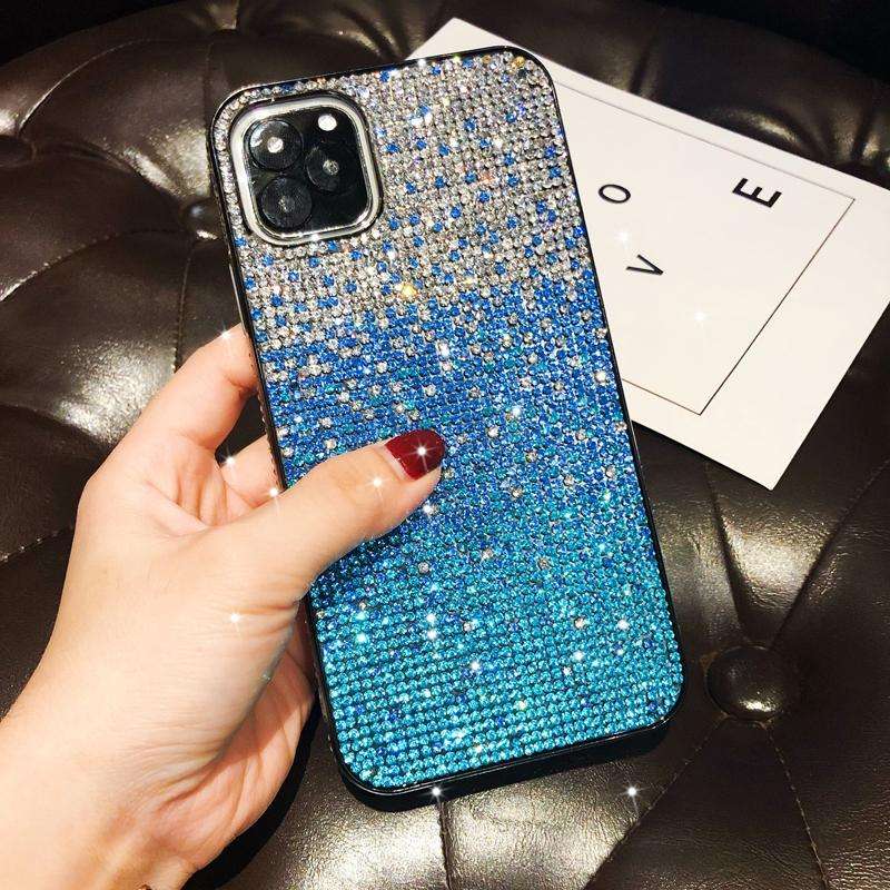For iPhone 11 Pro Max PC + Crystal Diamond Tri-Color Gradient Protective Case(Gradient Blue)