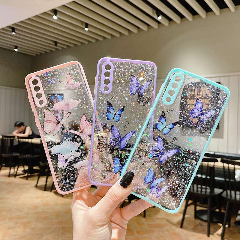 For Samsung Galaxy A13 4G Color Butterfly Glitter Epoxy TPU Phone Case(Pink)